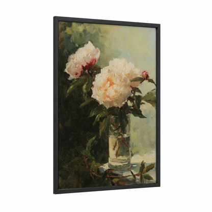 Garden Peonies framed peony print — black wood frame — cream and rose gold palette