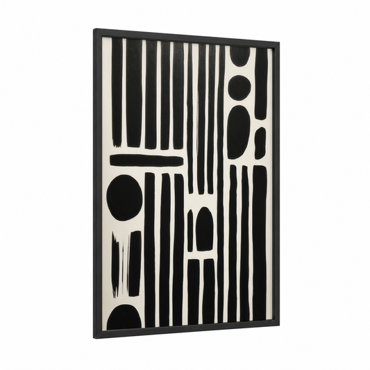 Geometric Minimalist framed abstract minimalist print — black wood frame — black and white palette