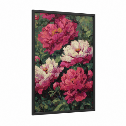 Crimson Peony Blooms framed art print — black wood frame — magenta and cream palette