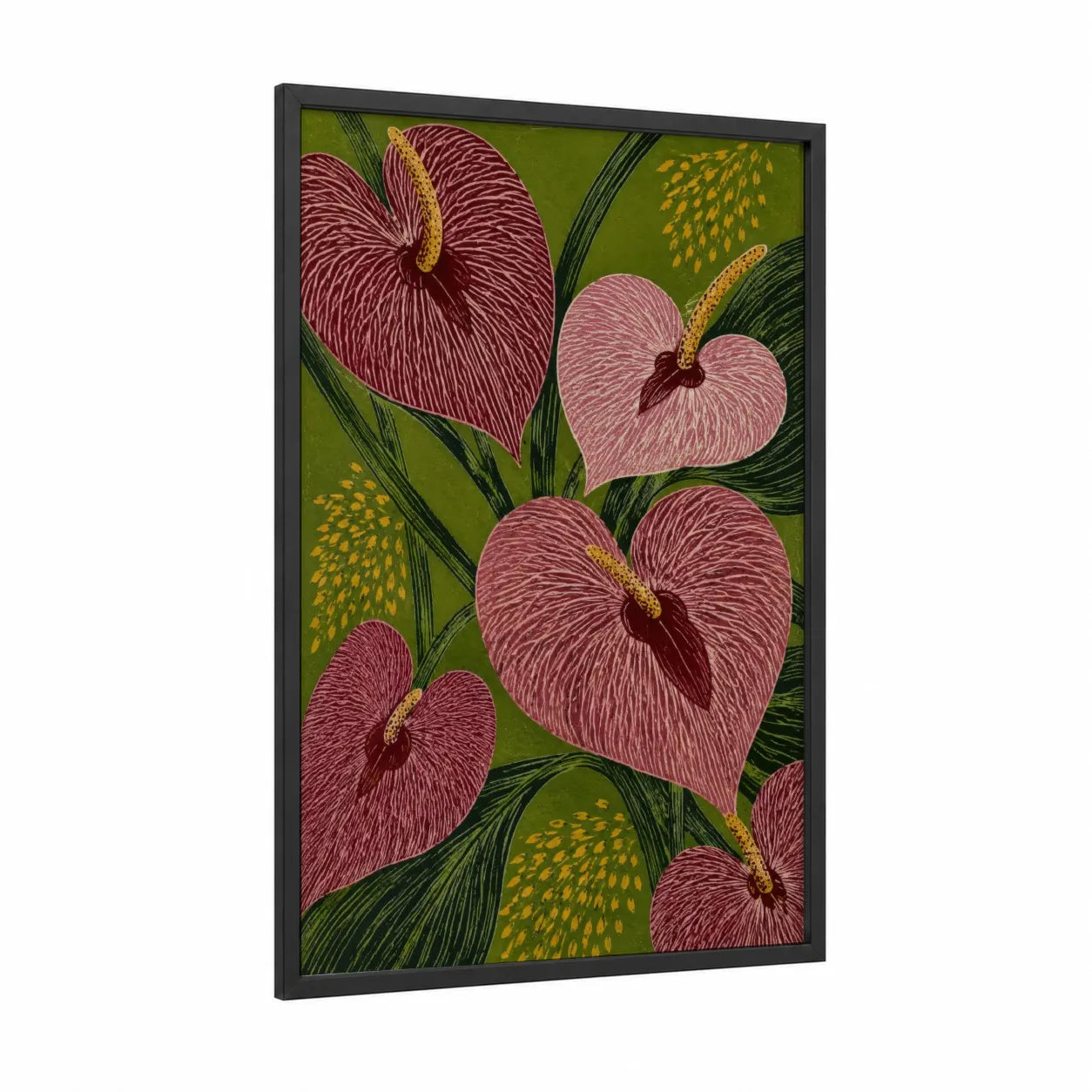 Pink Anthurium Botanical Wall Art framed flower print — black wood frame — maroon and olive palette
