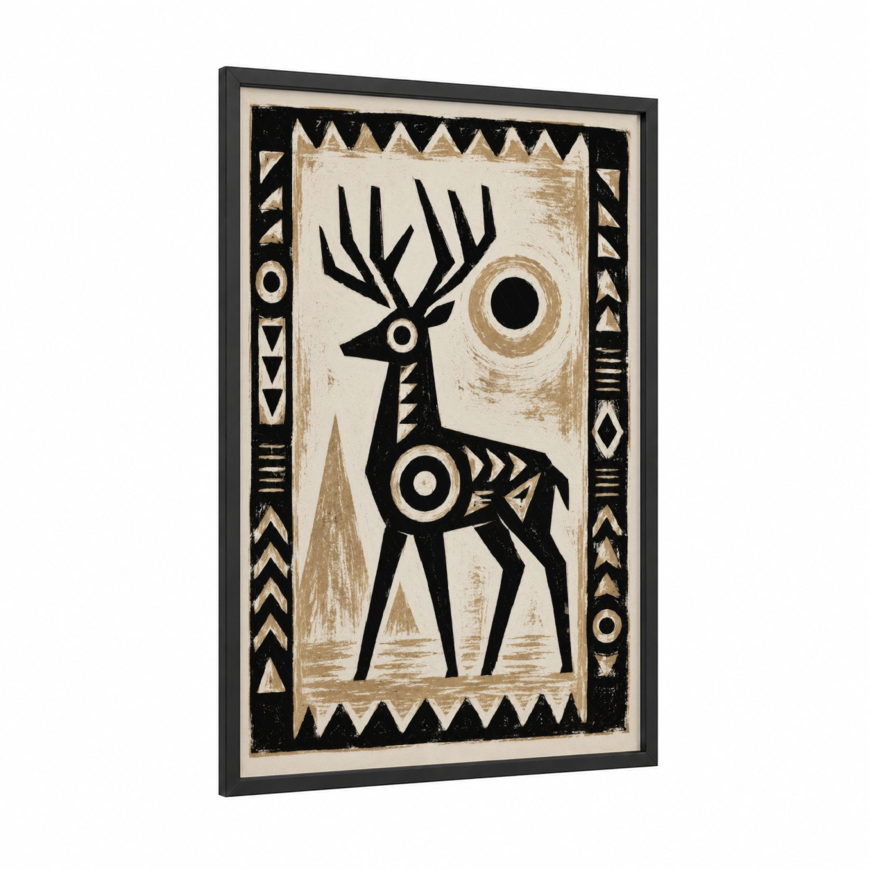 Geometric Deer Tribal Wall Art framed art print — black wood frame — black and white and beige palette
