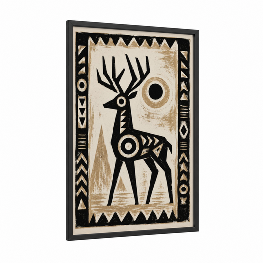 Geometric Deer Tribal Wall Art framed art print — black wood frame — black and white and beige palette