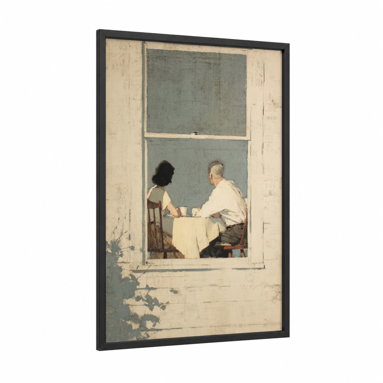 Quiet Conversation framed couple print — black wood frame — cream and dove gray palette