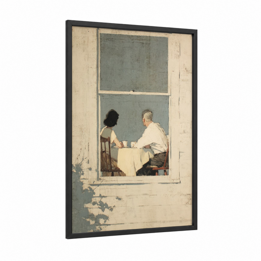 Quiet Conversation framed couple print — black wood frame — cream and dove gray palette