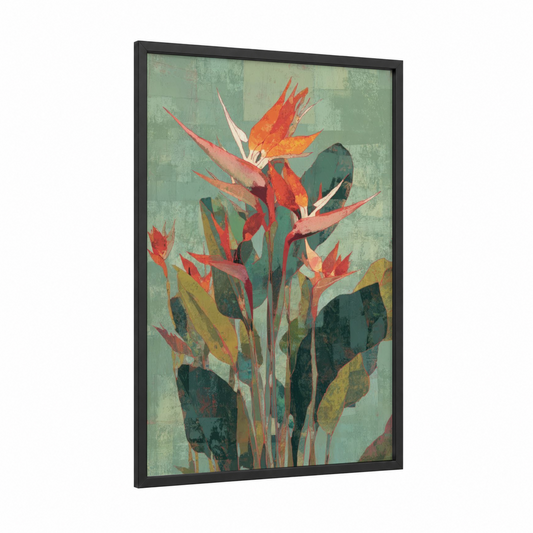 Tropical Paradise Blooms framed birds of paradise print — black wood frame — light green and orange palette