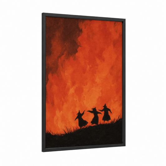 Witches' Ritual Fire framed magic and witchcraft print — black wood frame — red and orange palette