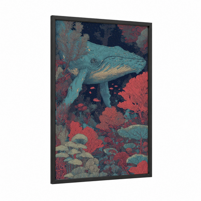 Turquoise Whale framed humpback whale print — black wood frame — turquoise and red palette
