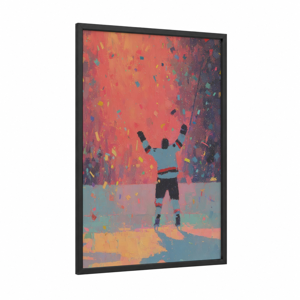Victory Celebration framed ice hockey print — black wood frame — red and orange palette