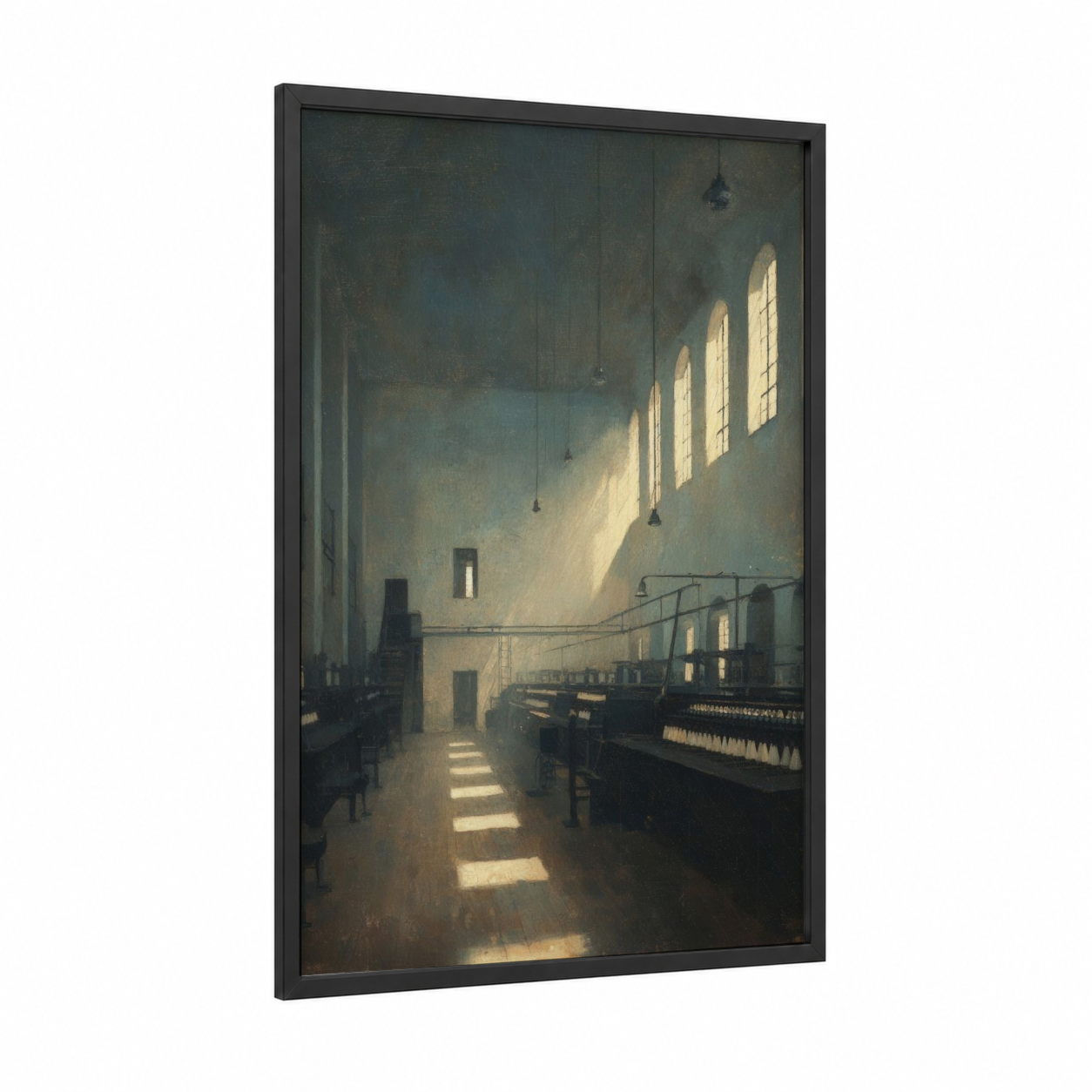 Golden Factory Light framed art print — black wood frame — gold and dove gray palette