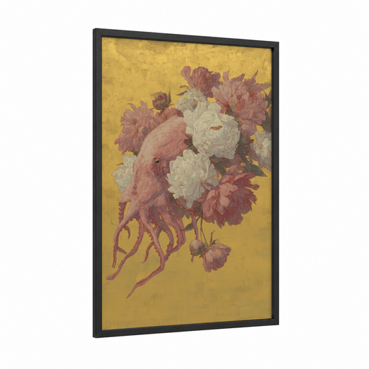 Coral Squid Bouquet framed art print — black wood frame — gold and salmon pink palette