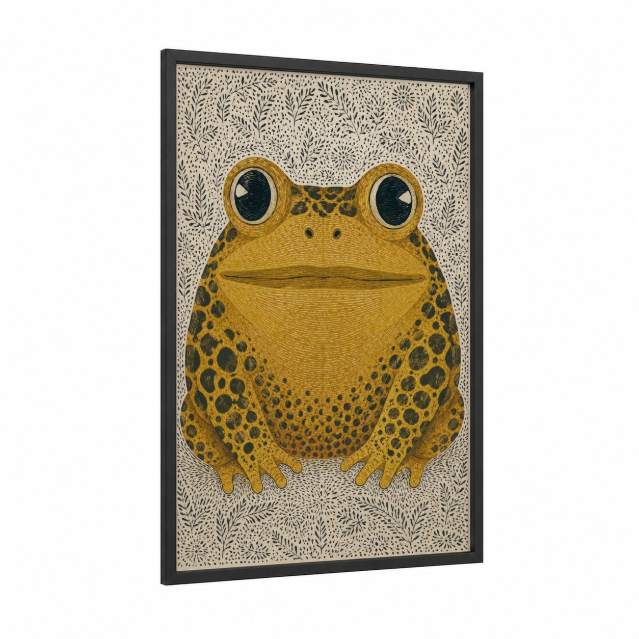 Golden Spotted Frog Wall Art framed frogs and toads print — black wood frame — mustard and beige palette