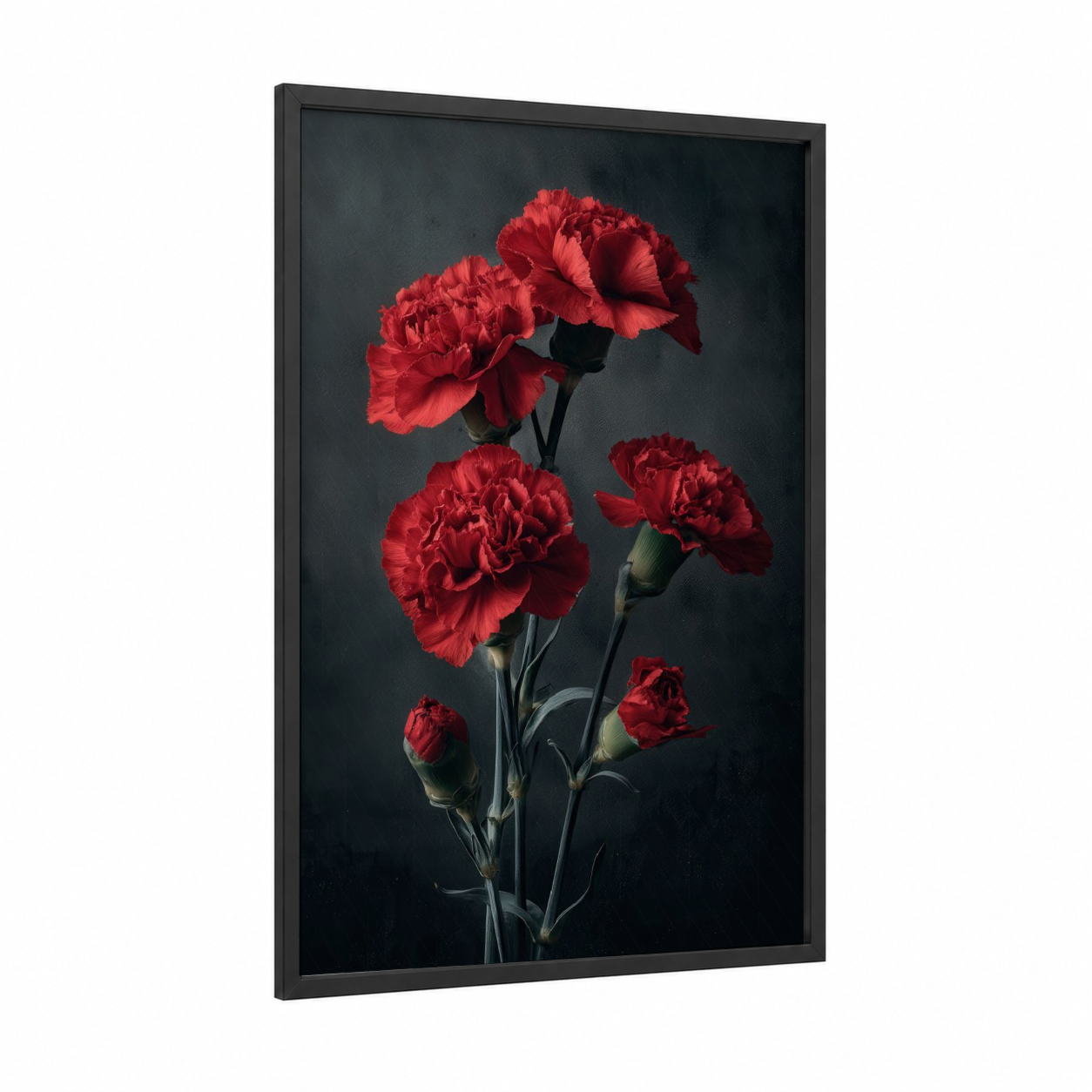 Crimson Carnations framed art print — black wood frame — red and gray palette