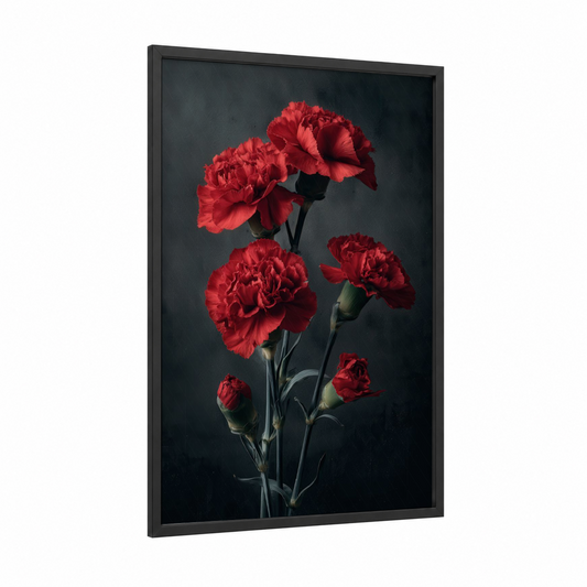 Crimson Carnations framed art print — black wood frame — red and gray palette