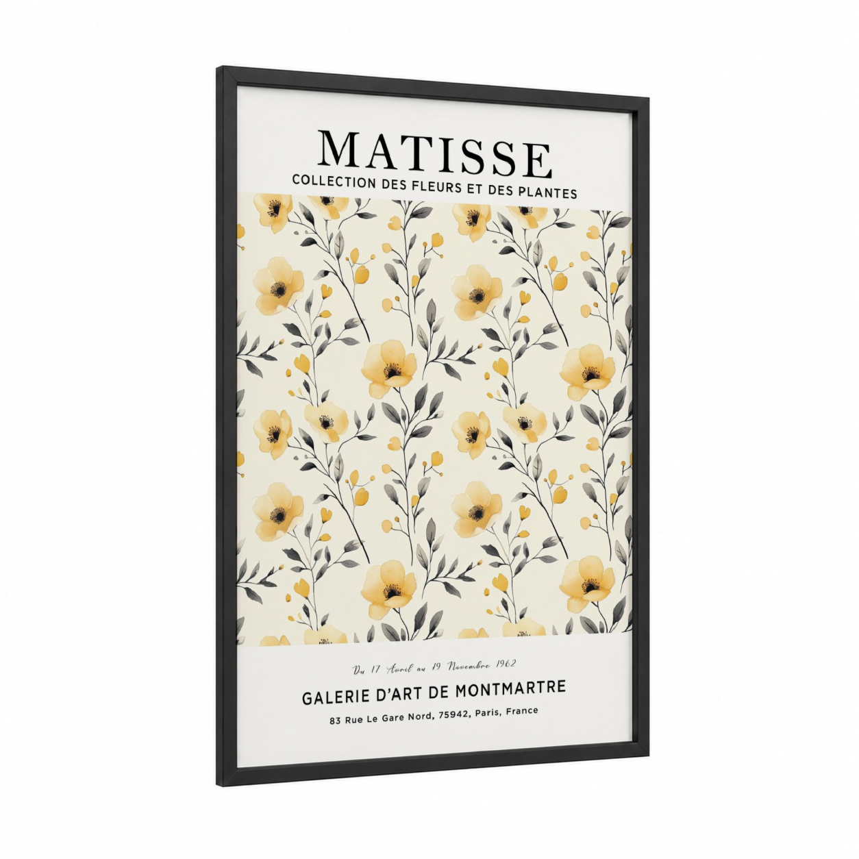Golden Matisse Flowers framed abstract flower print — black wood frame — gold and cream palette