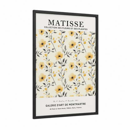 Golden Matisse Flowers framed abstract flower print — black wood frame — gold and cream palette