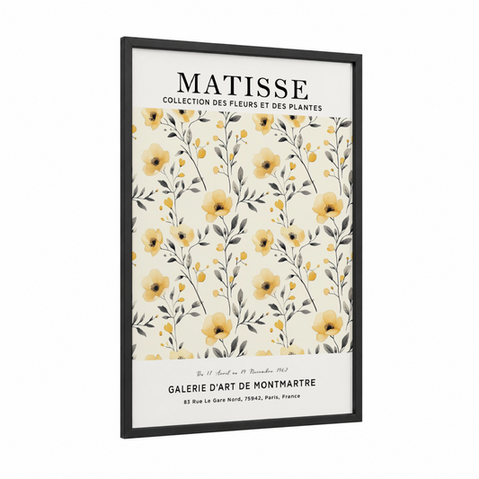 Golden Matisse Flowers framed abstract flower print — black wood frame — gold and cream palette