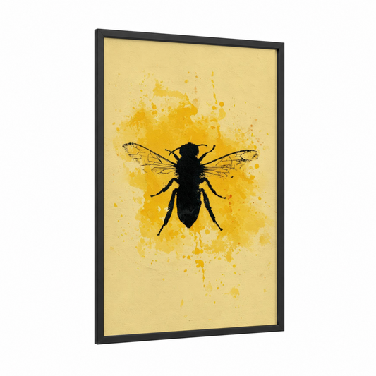 Golden Bee Splash framed art print — black wood frame — gold and black and white palette
