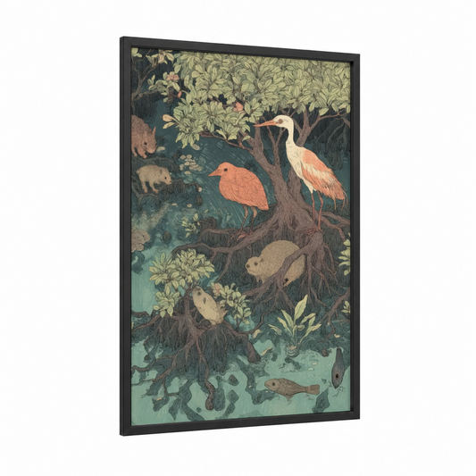 Mangrove Sanctuary framed art print — black wood frame — teal and cream palette