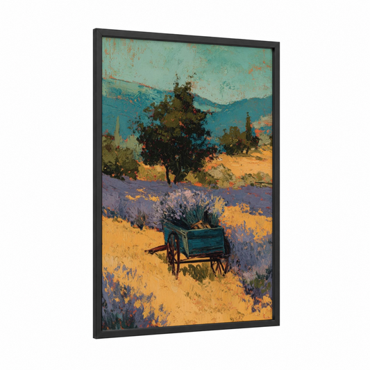 Tuscan Field Wagon framed art print — black wood frame — gold and teal palette