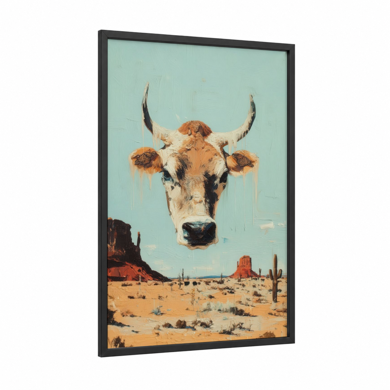 Desert Jersey framed jersey cow print — black wood frame — turquoise and pumpkin palette