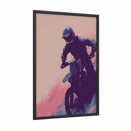 Dusk Rider framed motocross print — black wood frame — pink and purple palette