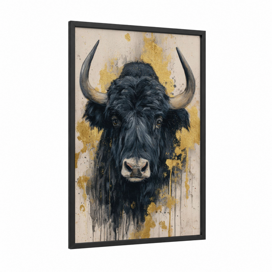Golden Yak framed art print — black wood frame — gold and black palette