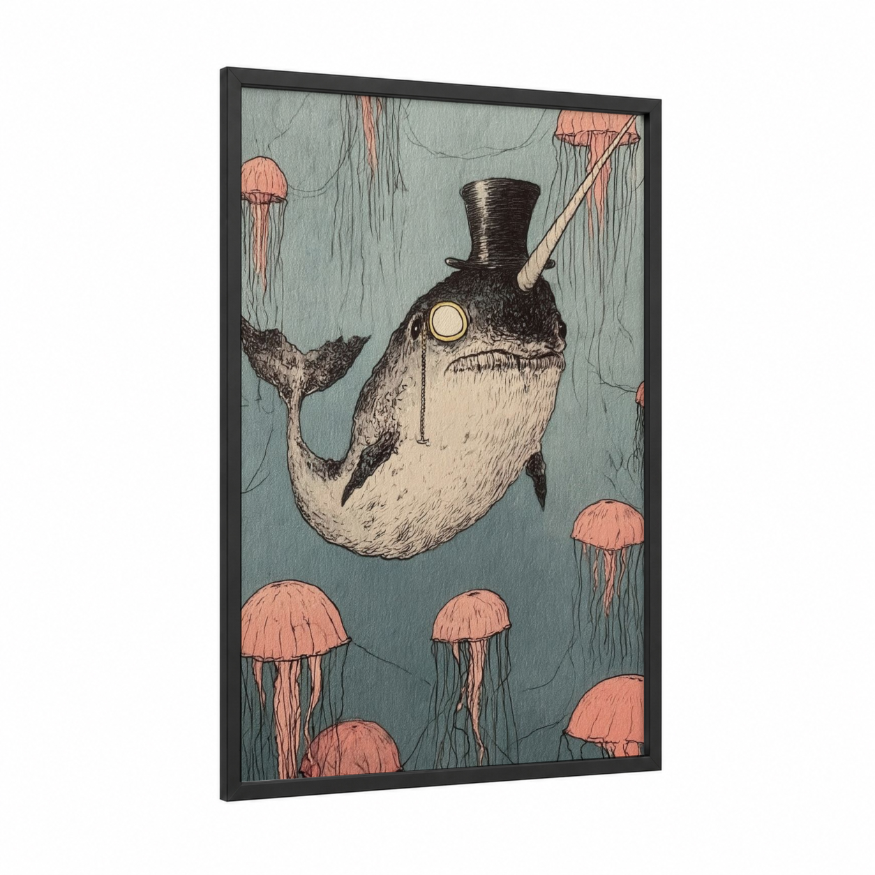 Dapper Narwhal framed art print — black wood frame — teal and salmon pink palette