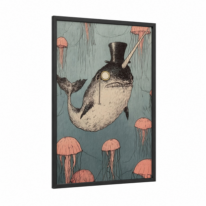 Dapper Narwhal framed art print — black wood frame — teal and salmon pink palette