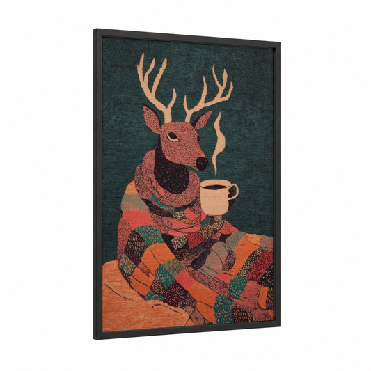Cozy Reindeer framed art print — black wood frame — dark green and russet palette