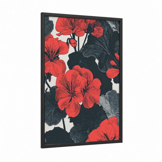 Scarlet Geranium Blooms framed art print — black wood frame — red and black and white palette
