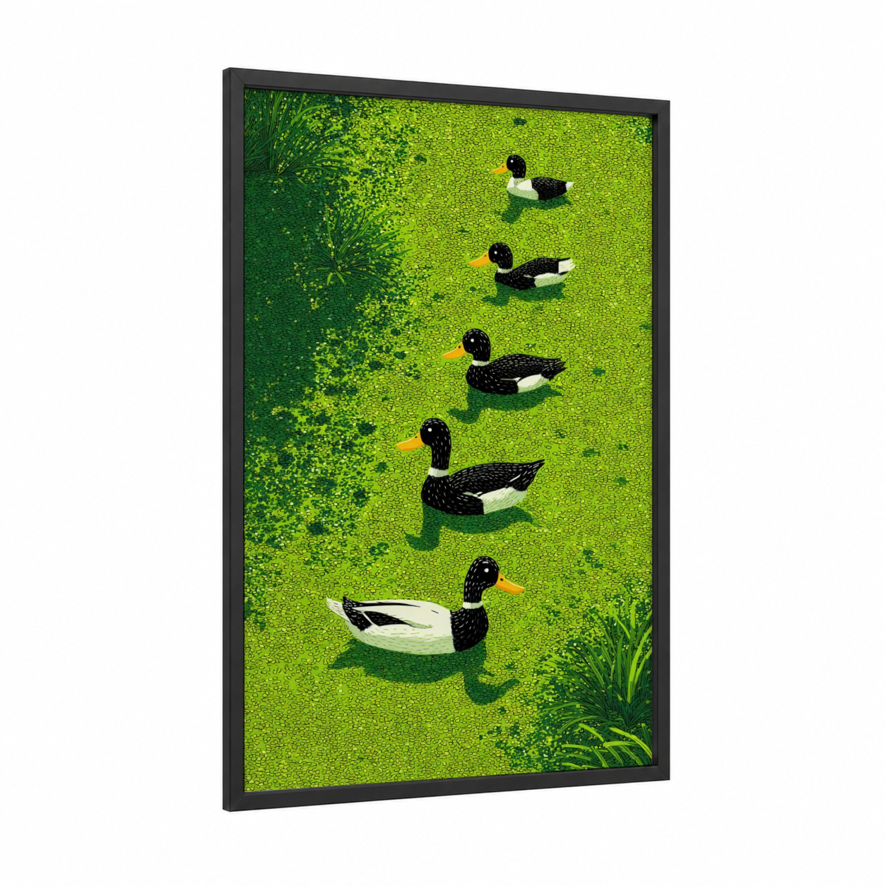 Pond Ducks Formation framed art print — black wood frame — lime green and black palette