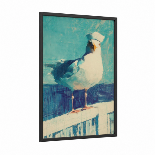 Coastal Seagull framed art print — black wood frame — teal and white palette