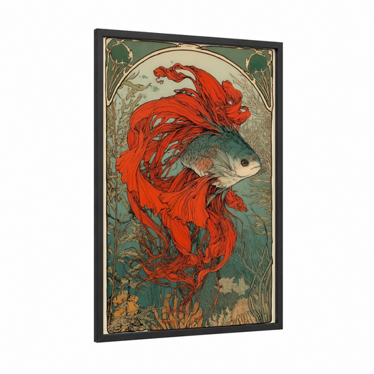 Crimson Dragon Fish framed art print — black wood frame — red and teal palette