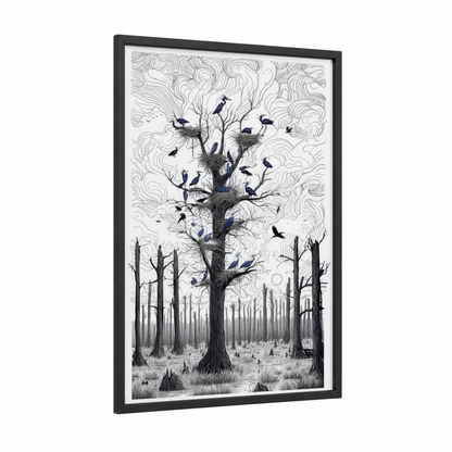 Forest Heron Sanctuary framed art print — black wood frame — black and white and gray palette