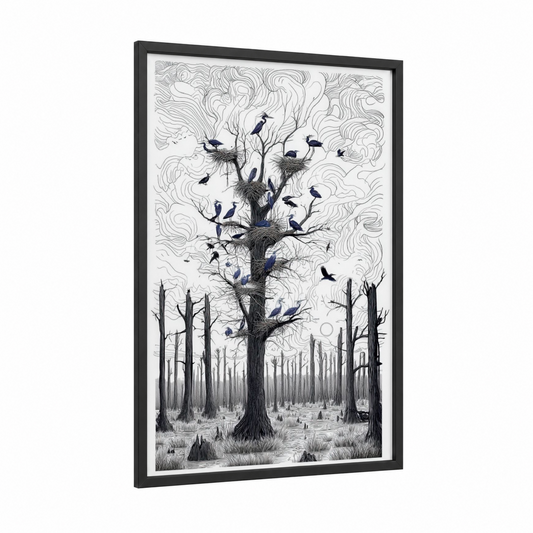 Forest Heron Sanctuary framed art print — black wood frame — black and white and gray palette