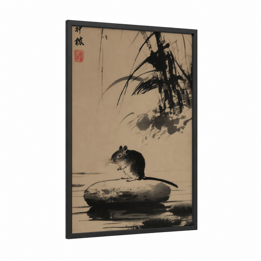 Contemplative Guinea Pig framed art print — black wood frame — black and white and gray palette