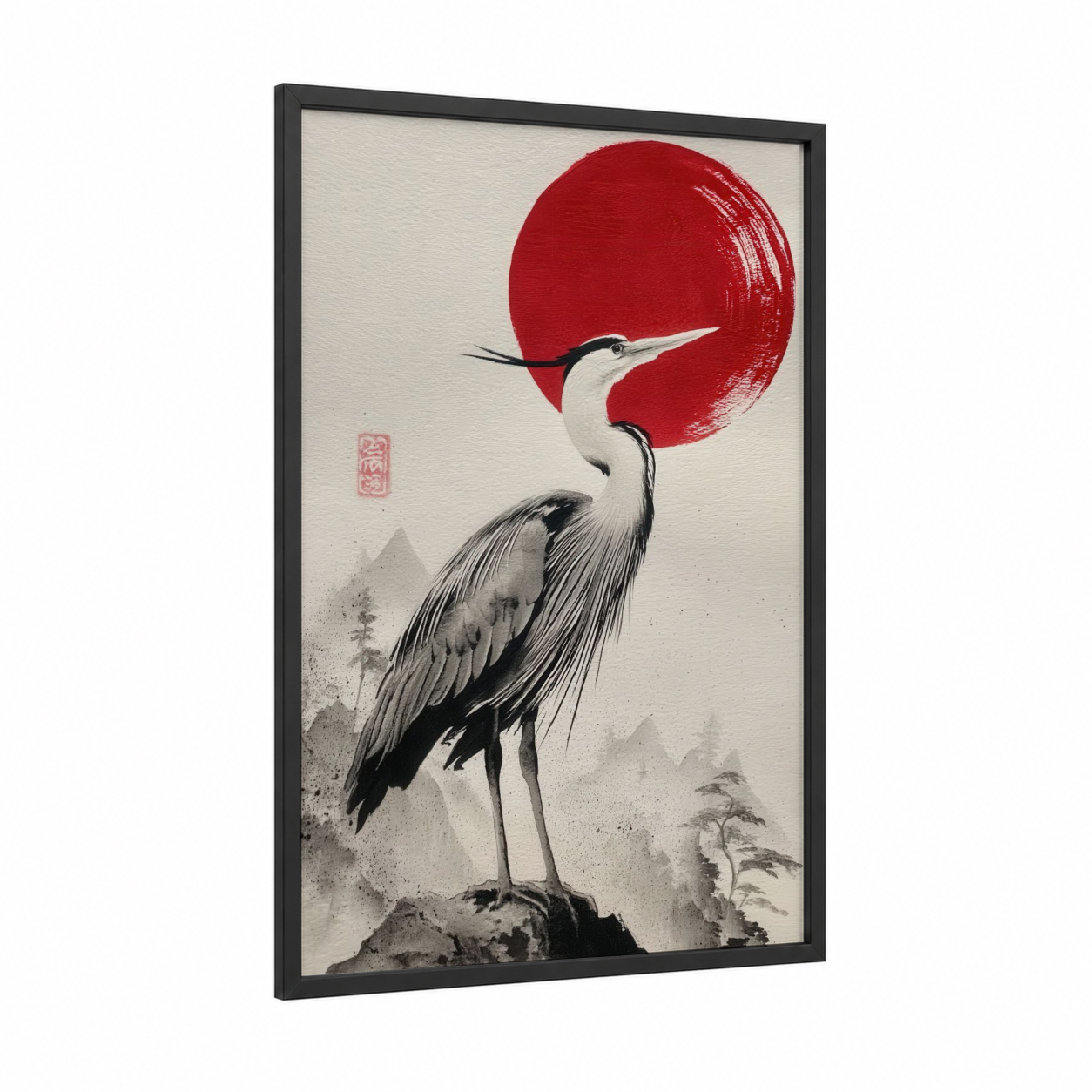 Crimson Moon Heron framed art print — black wood frame — red and black and white palette