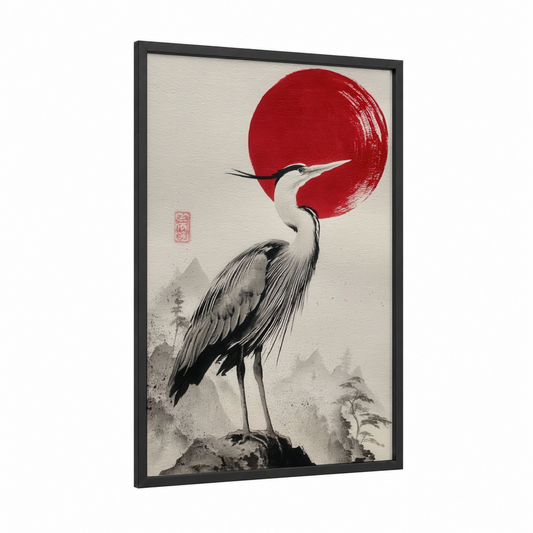 Crimson Moon Heron framed art print — black wood frame — red and black and white palette