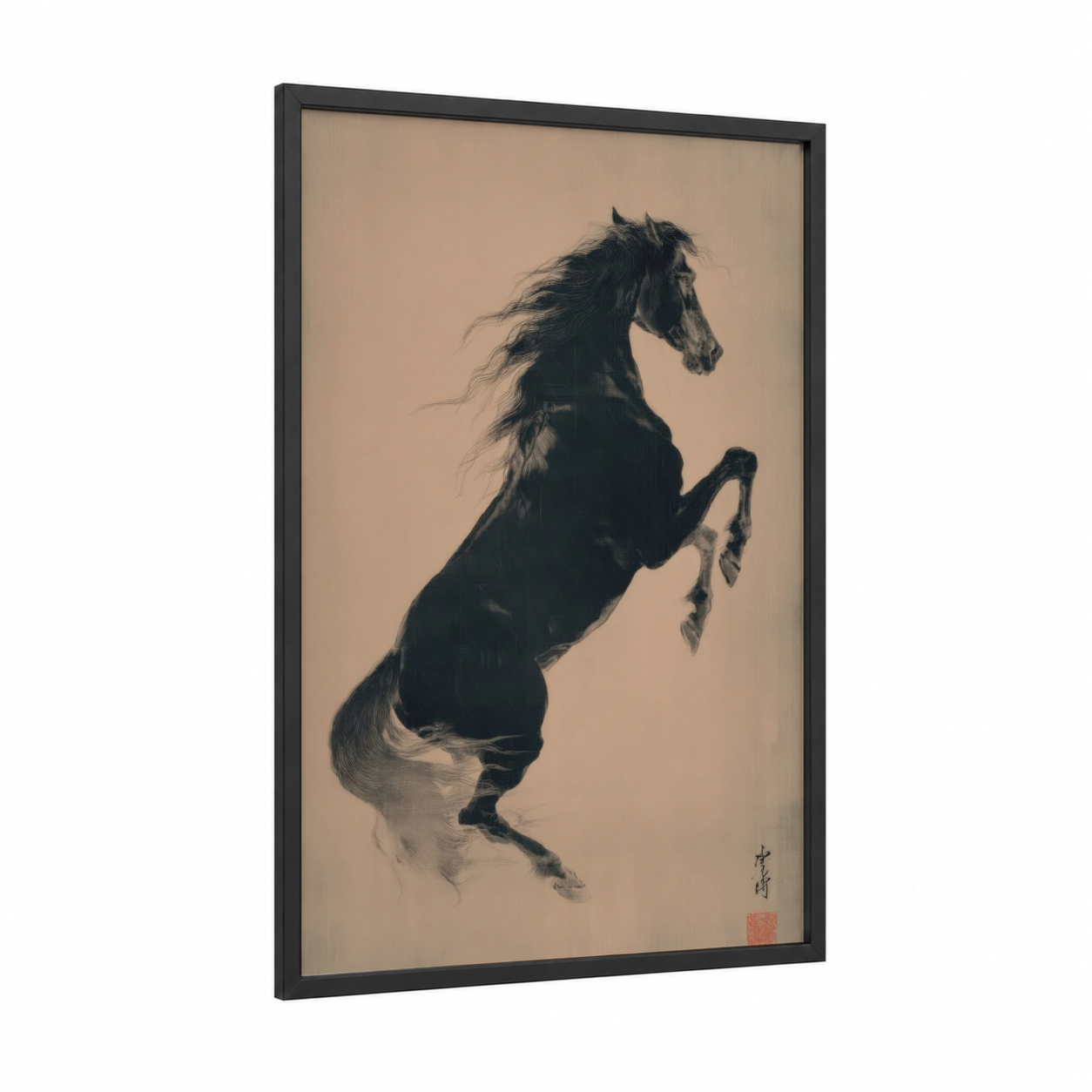 Rearing Quarter Horse framed art print — black wood frame — black and white and champagne gold palette