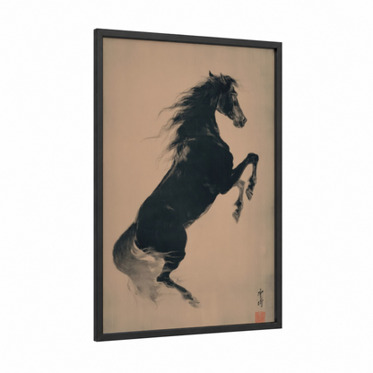 Rearing Quarter Horse framed art print — black wood frame — black and white and champagne gold palette