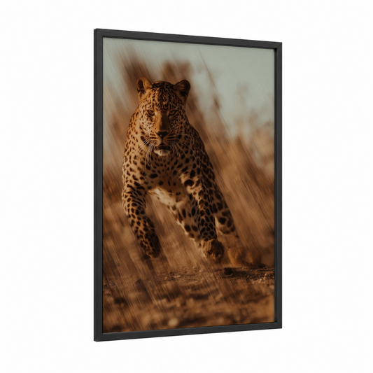 Stormy Leopard framed art print — black wood frame — brown and gray palette
