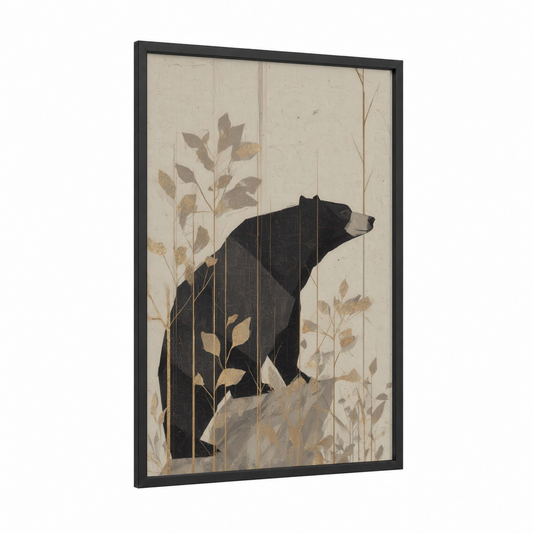 Meditative Sloth Bear framed art print — black wood frame — cream and gold palette