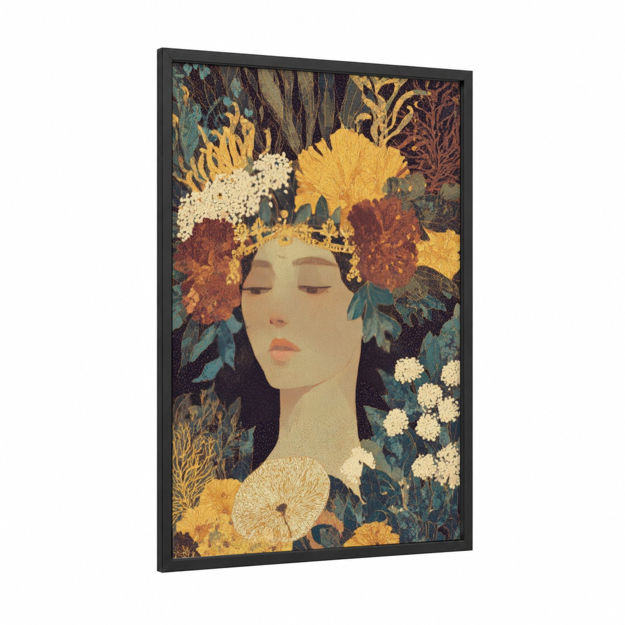 Serene Virgo framed art print — black wood frame — gold and teal palette