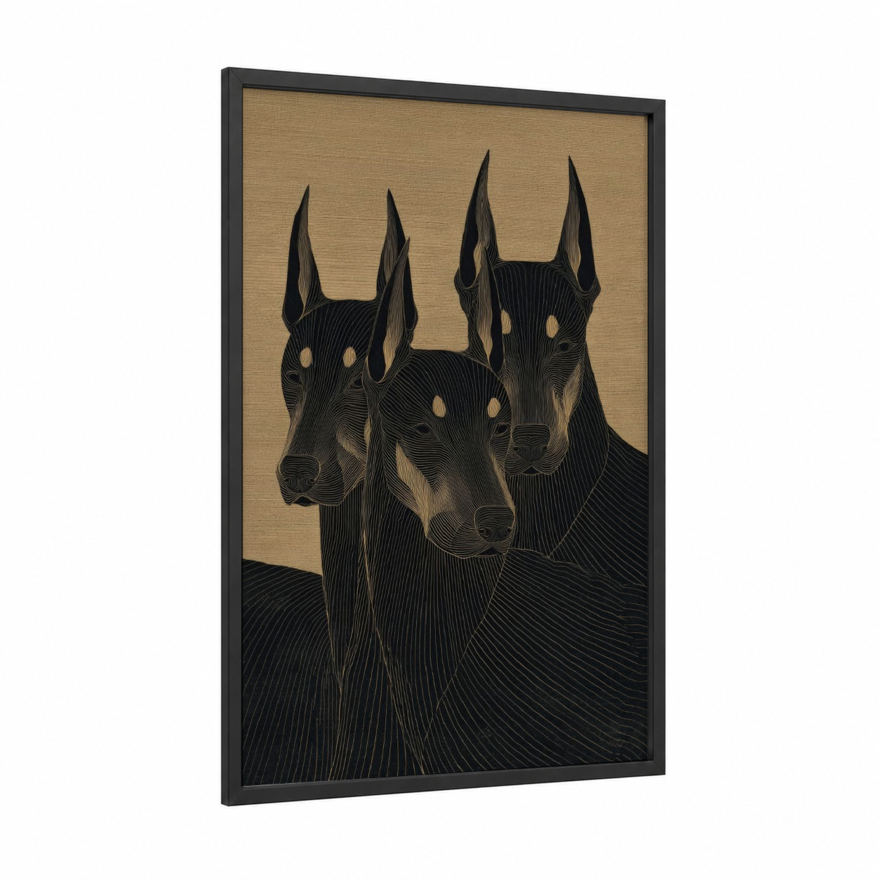 Majestic Cerberus framed art print — black wood frame — black and beige palette