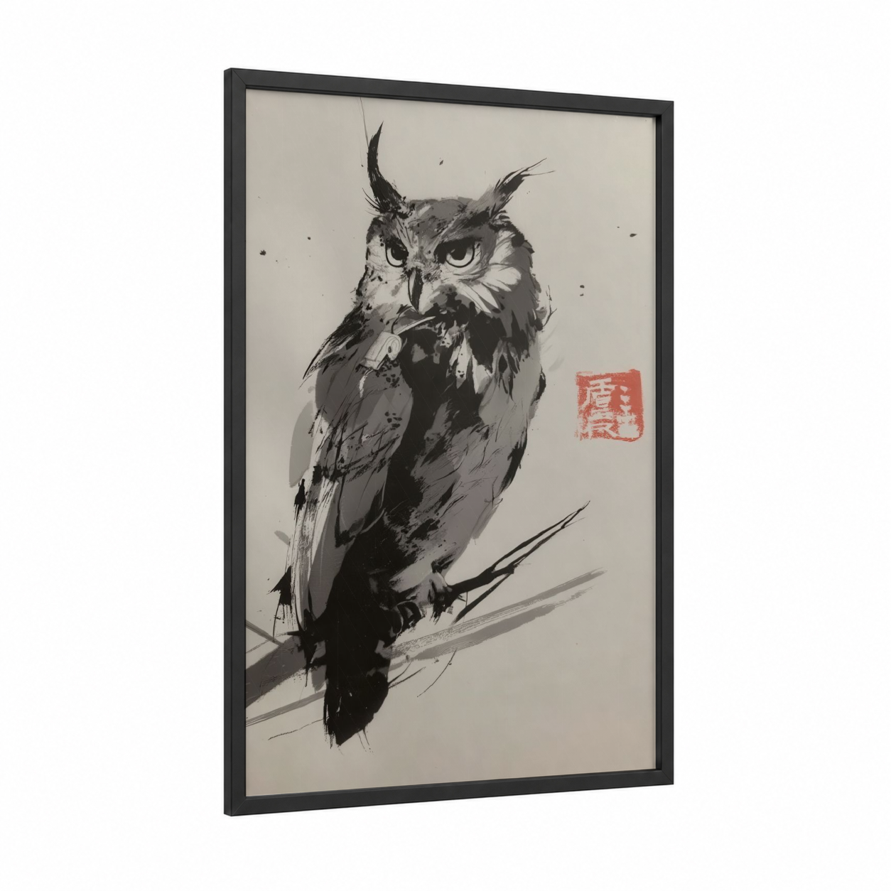 Contemplative Owl framed art print — black wood frame — black and white palette