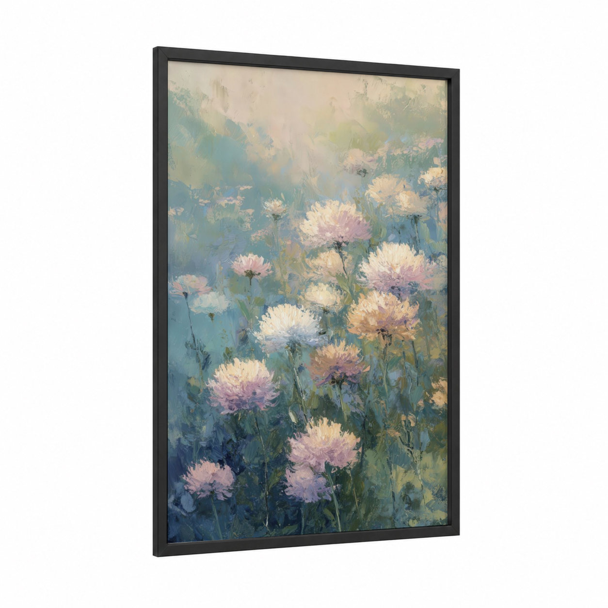 Misty Chrysanthemums framed art print — black wood frame — blue and pink palette