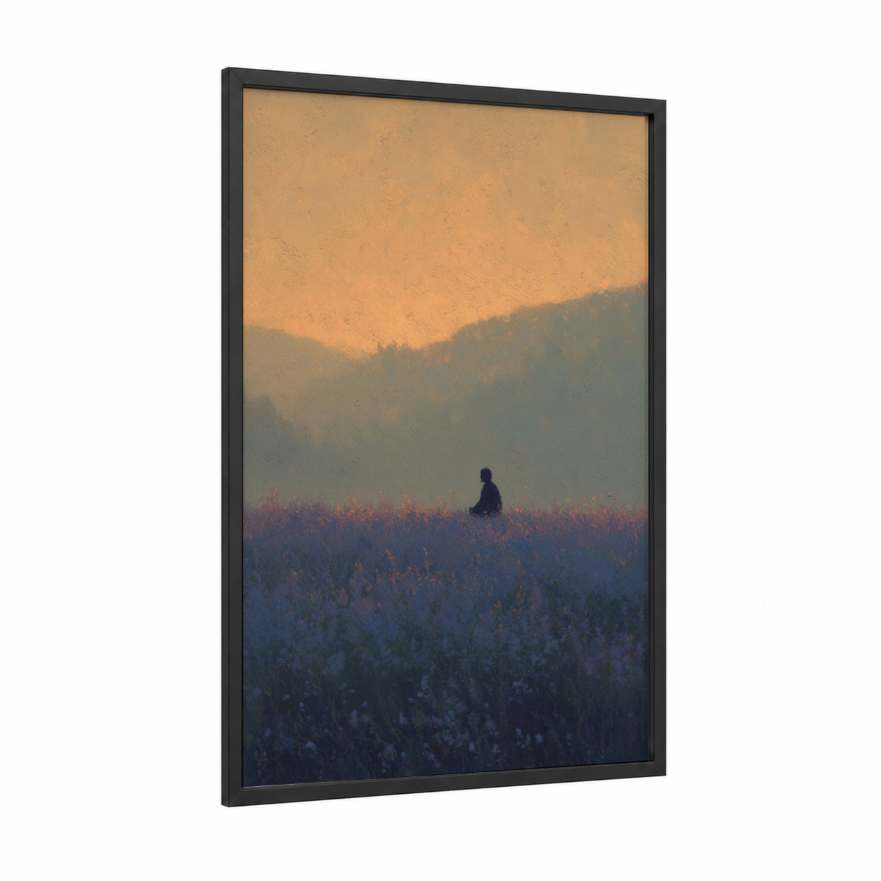 Misty Meditation framed yoga print — black wood frame — gold and blue palette