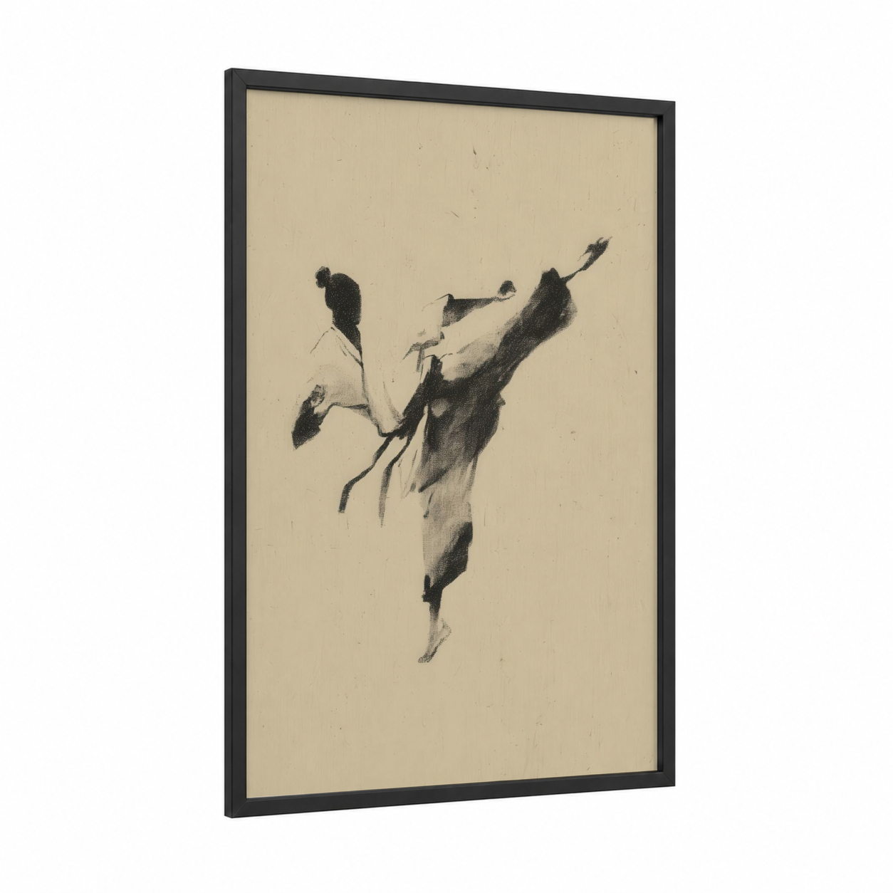 Dynamic Kick Boxer framed kick boxing print — black wood frame — beige and black palette