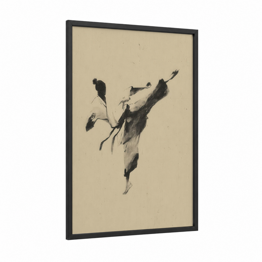 Dynamic Kick Boxer framed kick boxing print — black wood frame — beige and black palette