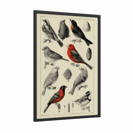 Scarlet Finch Study framed art print — black wood frame — red and black and white palette